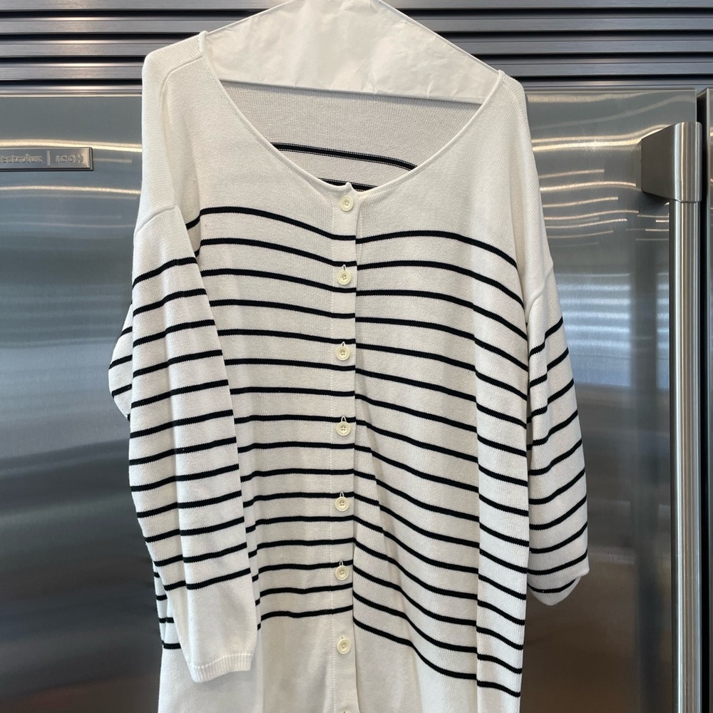 CAbi Black and White Striped Cardigan